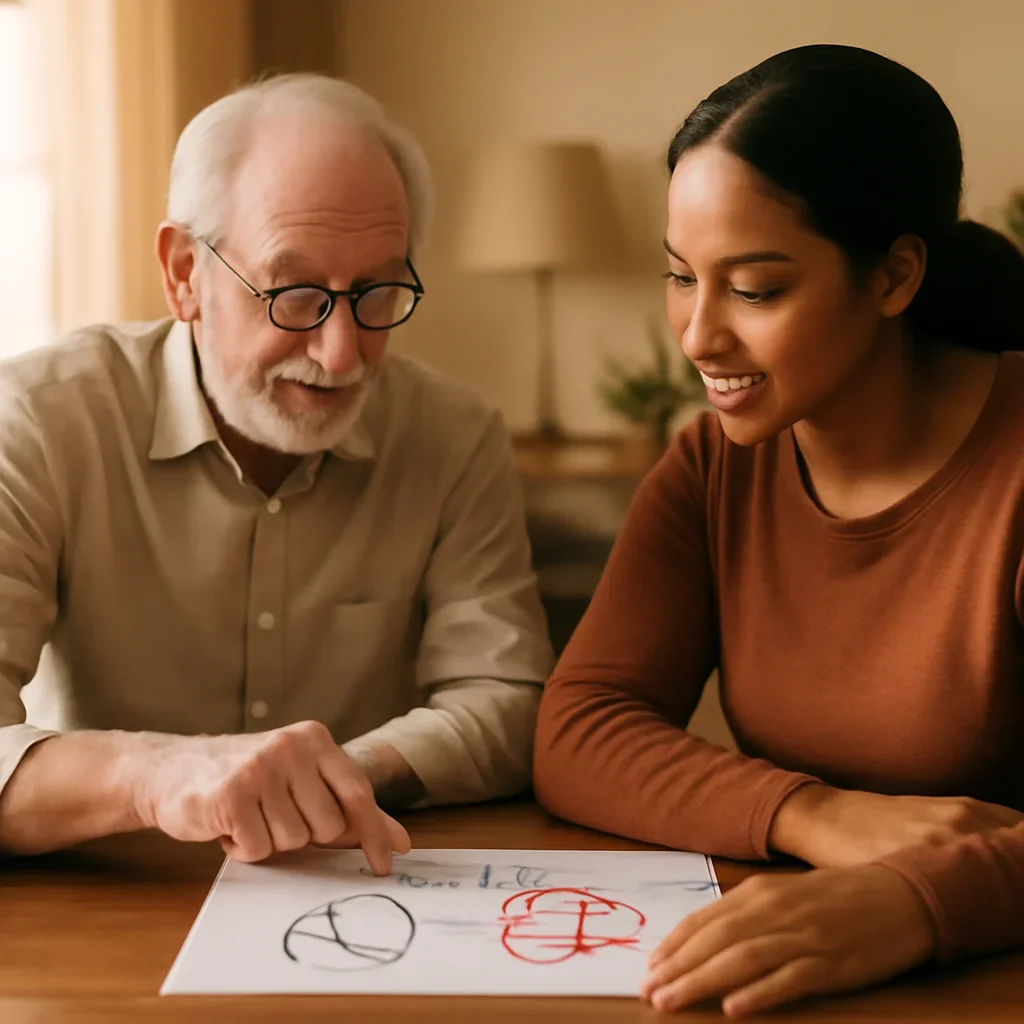 Grandparent and caregiver discussing a child emergency plan