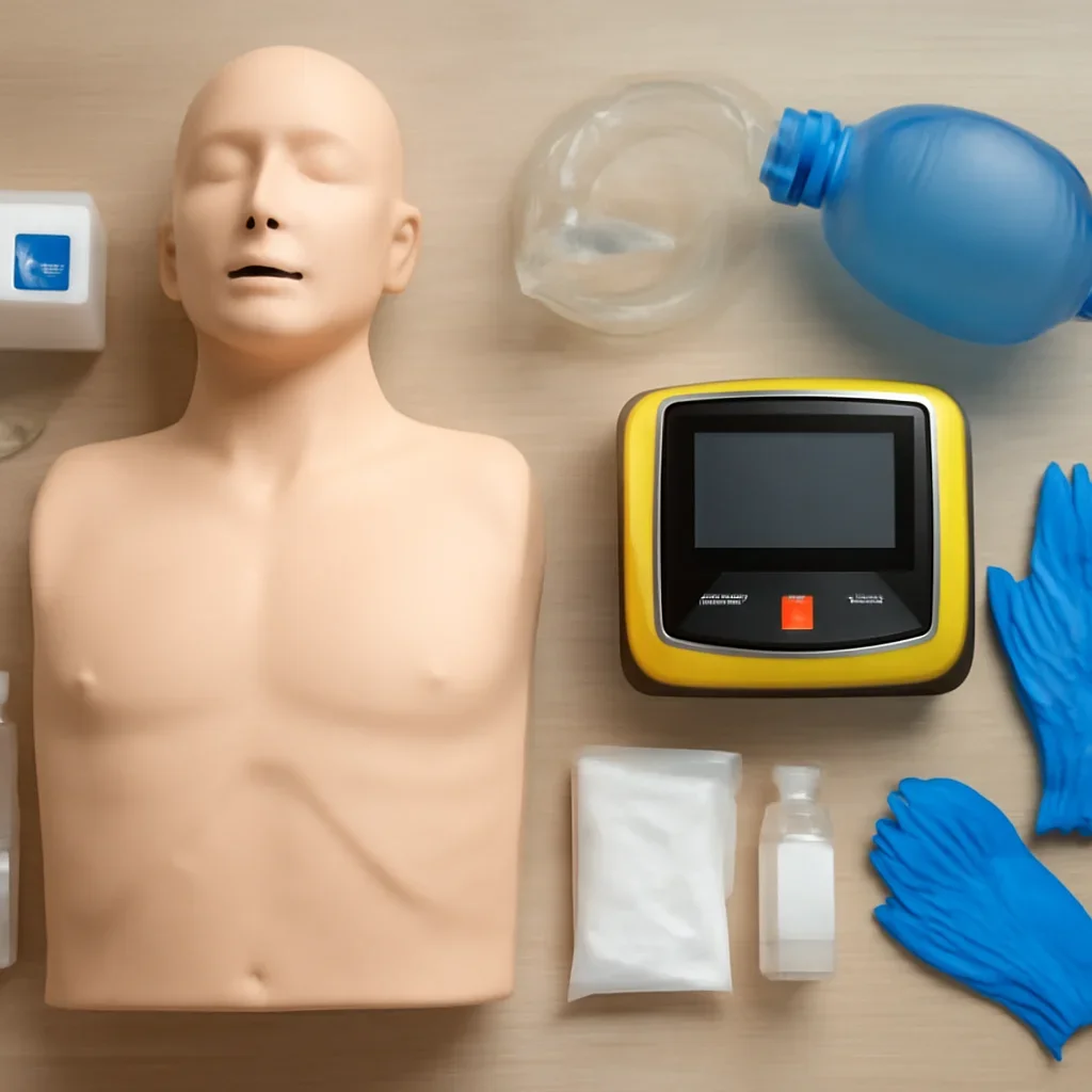 Standard First Aid supplies beside BLS training equipment