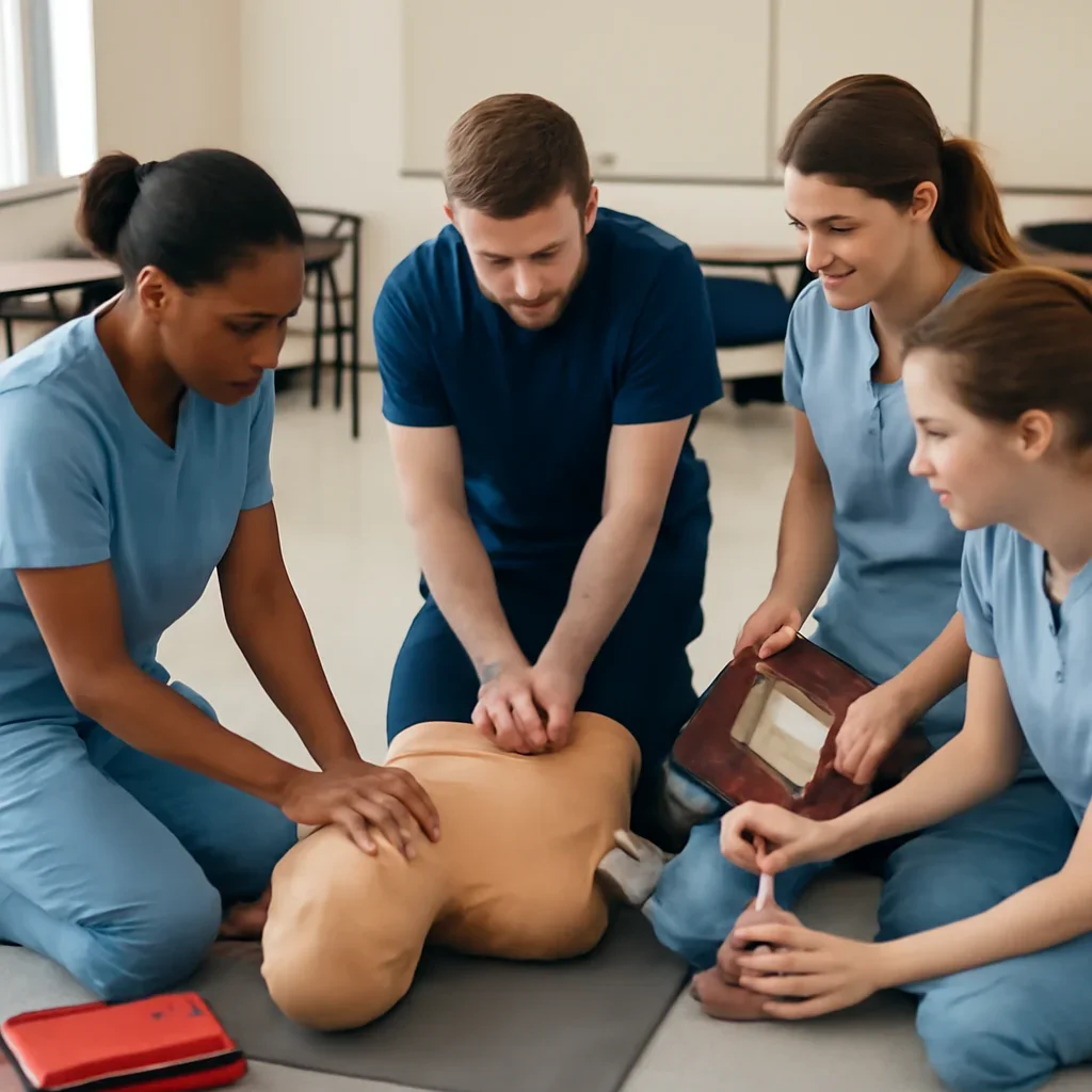 Healthcare learners practising first aid and BLS skills in a combined BC course