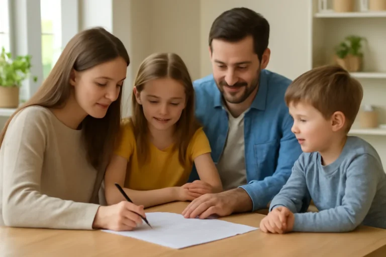 Family preparing practical steps for babysitter information sheet: what parents should add